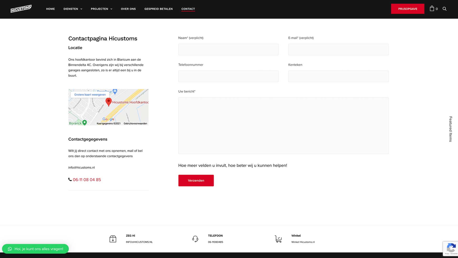 HiCustoms contact pagina